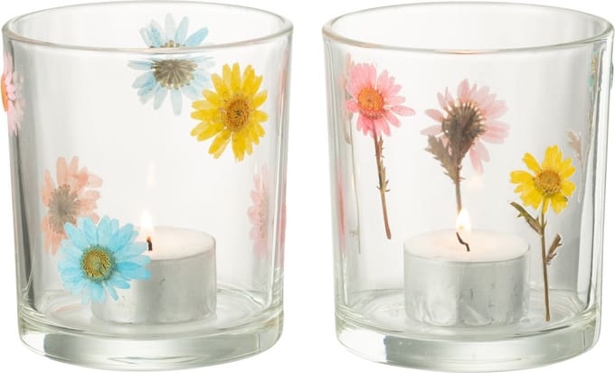 J-Line windlicht Posy - glas - transparant/mix - medium - 2 stuks