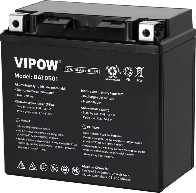 Vipow MC Serie - Motorfietsaccu - 12V - 14Ah - Snelle Oplaadtijd