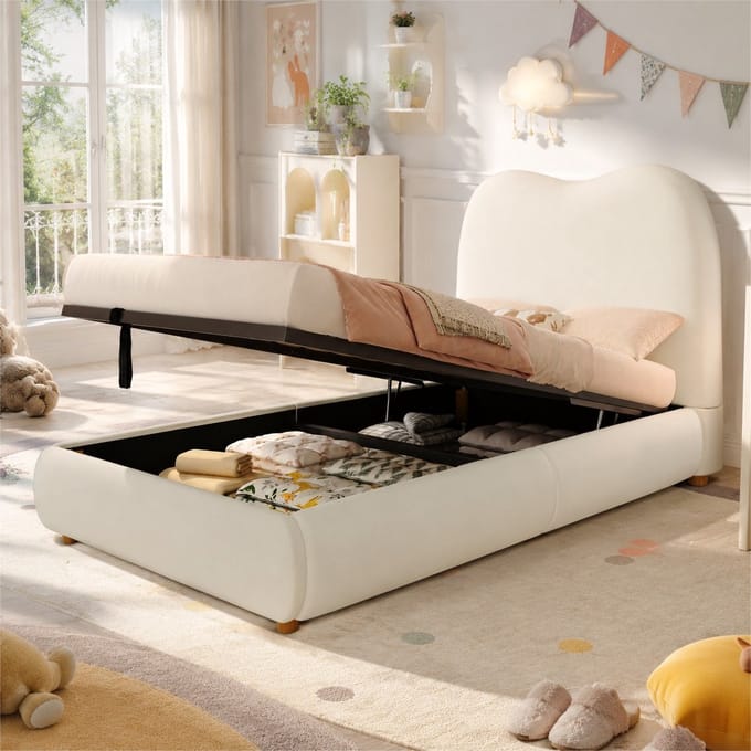 PHOEBE CAT Kinderbed 90 × 200 cm - Gestoffeerd hoofdeinde - Opbergruimte - Velvet - Beige