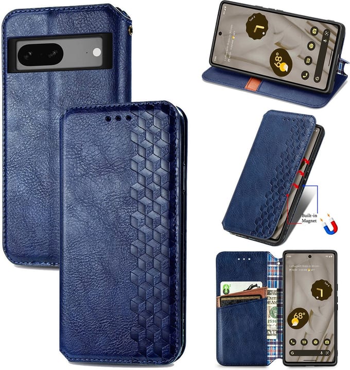 Luxe PU Lederen Ruitpatroon Wallet Case + Glas Screenprotector voor Pixel 7A _ Blauw