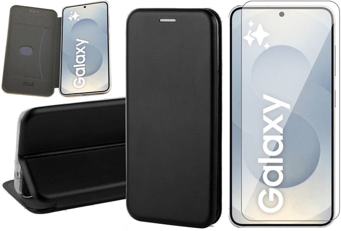 Hoesje geschikt voor Samsung Galaxy S25 Plus - Screenprotector Glas - Wallet Book Case Zwart