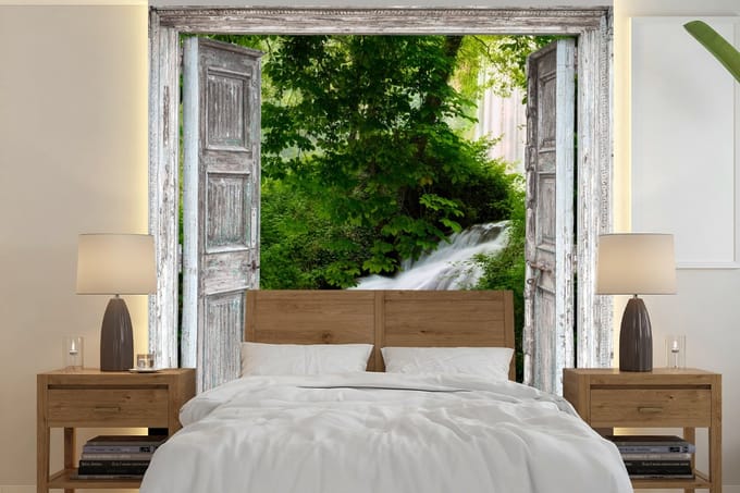 Behang - Fotobehang Waterval - Doorkijk - Landschap - Breedte 220 cm x hoogte 220 cm