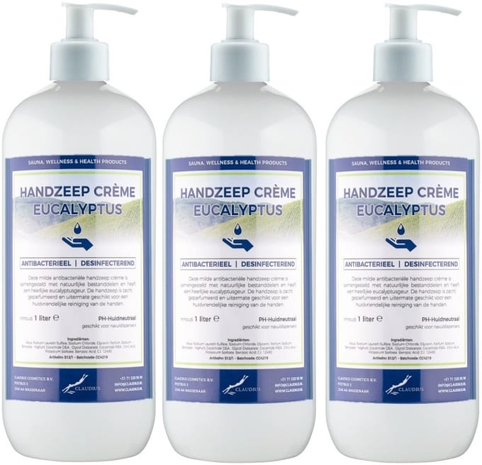 Handzeep Crème Eucalyptus 1 liter - set van 3 stuks - met gratis pomp - Voordeelverpakking
