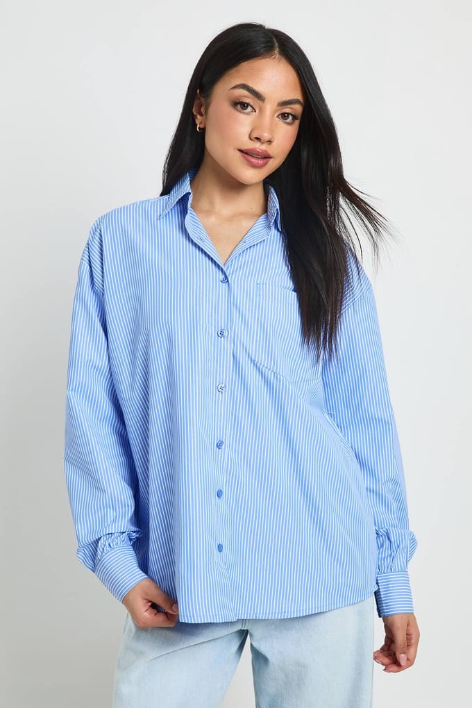 boohoo Dames Gestreept Poplin Oversized Overhemd | Blauw | Maat: 44