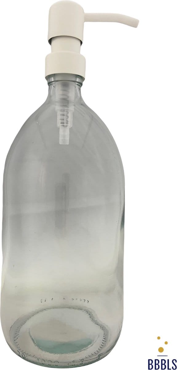 BBBLS® Design Dispenser "Blanco" | Transparant Glas | 1 liter | RVS / Metaal Pomp Wit | Zeeppomp | Zeepdispenser | Zeephouder