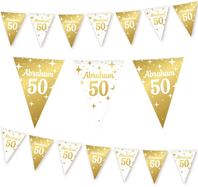 Q2P - Abraham Slinger - Verjaardag Versiering - Vlaggenlijn - Slingers - 50 Jaar - Wit & Goud - 10m