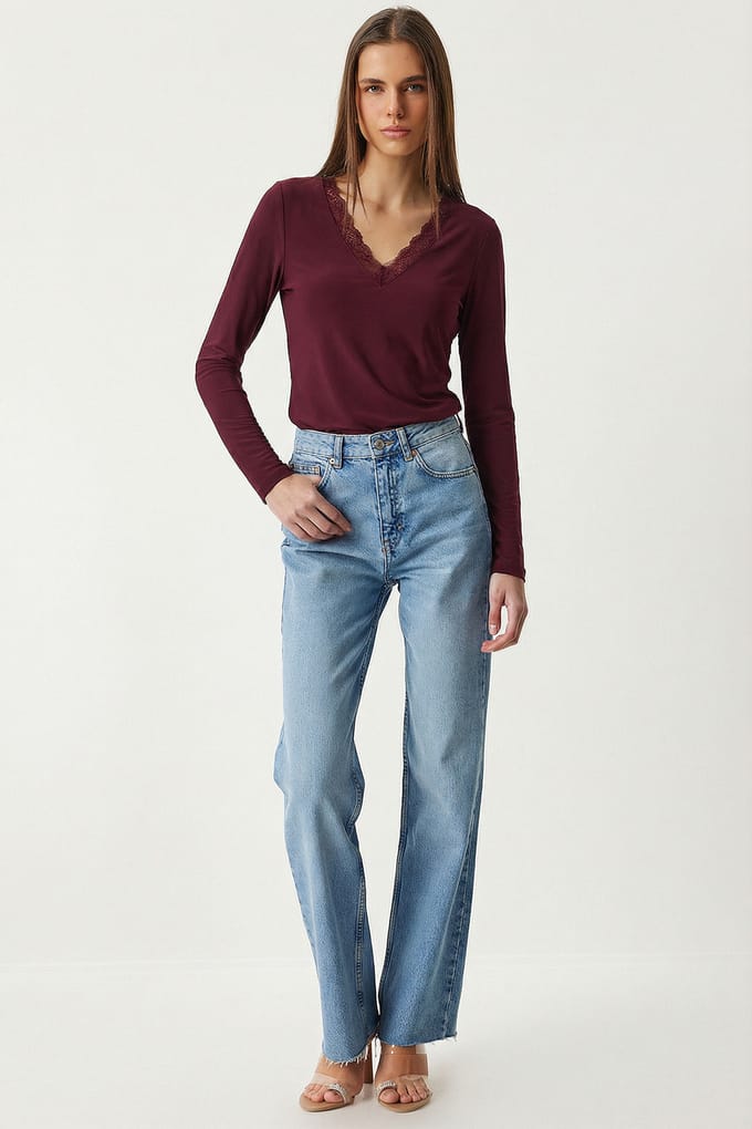 Kant V-hals Lange Mouwen Blouse