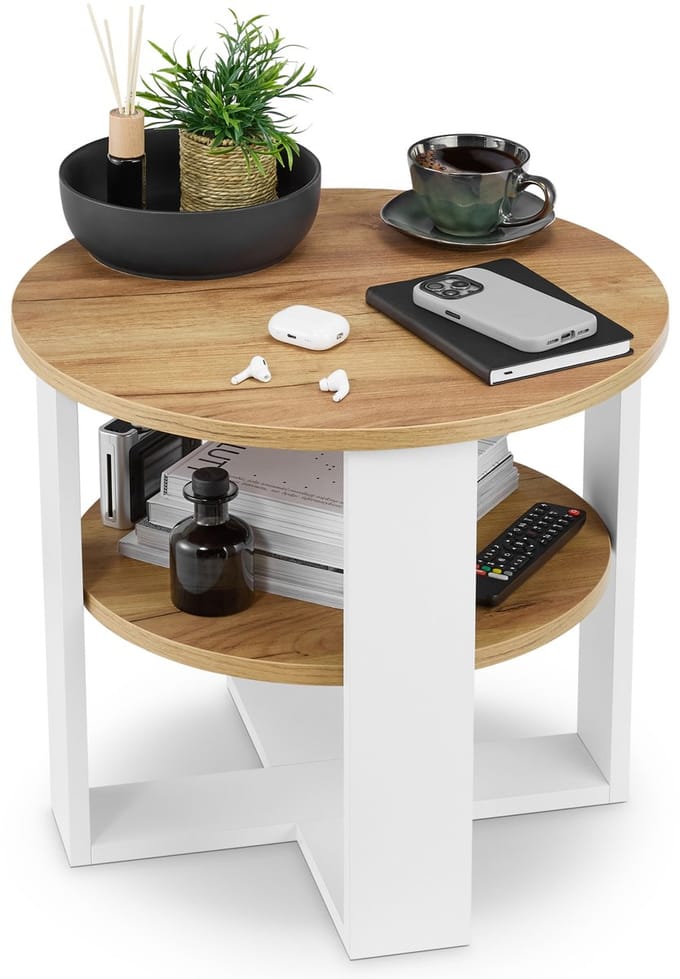 defiPad Salontafel Rond Ø53 cm, Bijzettafel, Hulp tafel met Plank, Wit + Eiken Craft