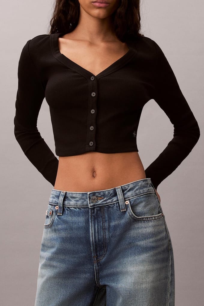 Calvin Klein Ls Woven Label 2x2 Top Black Maat: M | Longsleeves Outlet | Dames | Zwart