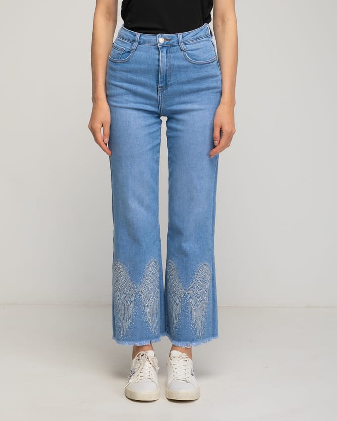 Jeans met hoge taille en kralen