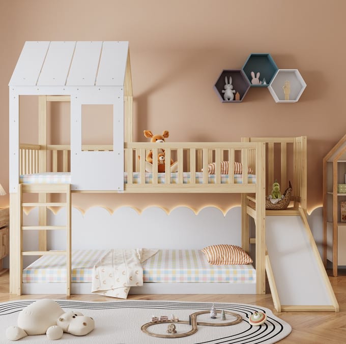 COVREO Bed 90x200 cm – naturel wit, met glijbaan en dak, zonder matras