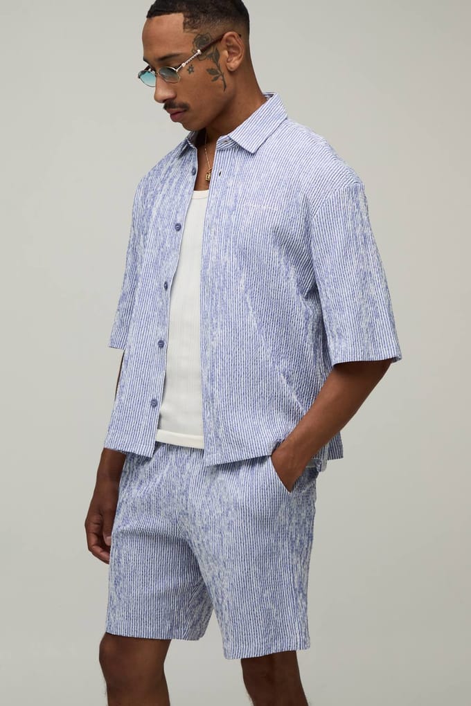 Gestreepte Seersucker Geborduurd Boxy Oversized Shirt & Short Set | Navy | Size Medium