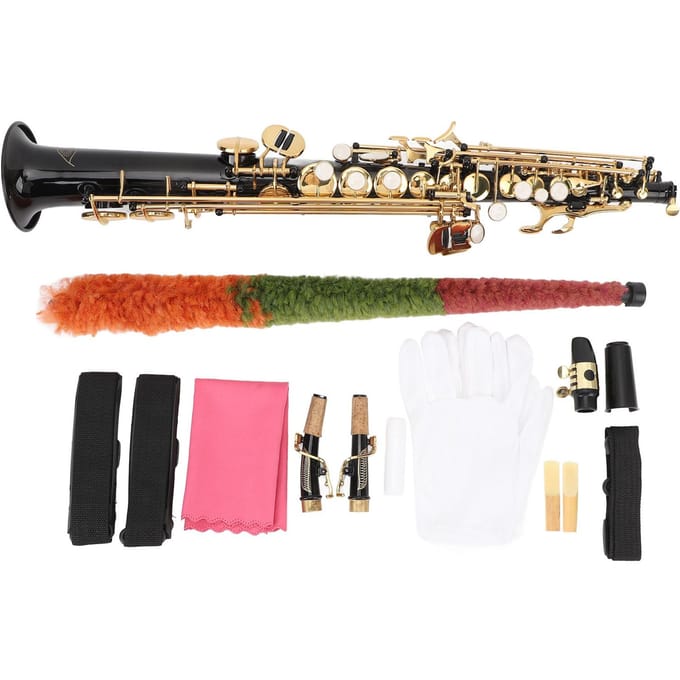 Bb Toets Saxofoon Kit Messing Rechte Sopraansaxofoon Blaasinstrument met Mondstuk en Dubbele Gebogen Hals beige