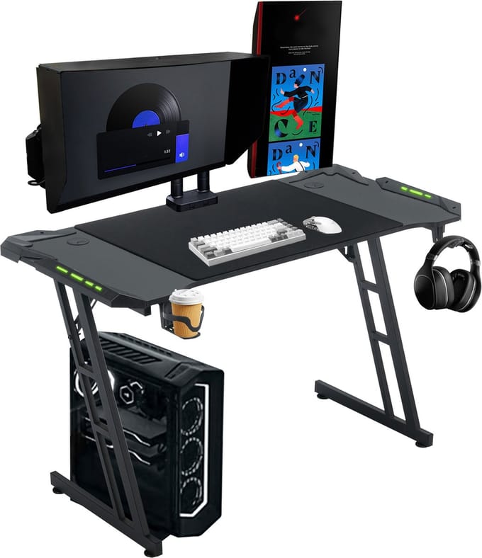 Gaming Bureau 120 cm met RGB LED – Computerbureau met Carbon Look – Z-Frame – Zwart