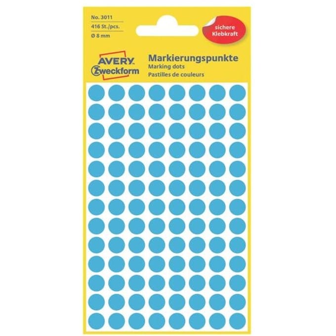 Avery-Zweckform 3011 Etiketten Ø 8 mm Papier Blauw 416 stuk(s) Permanent hechtend Etiketten voor markeringspunten