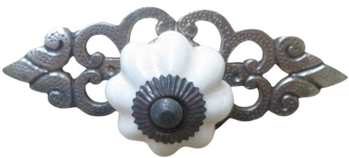 Cream Ceramic Cabinet Knob with Antique Brass Back Plate