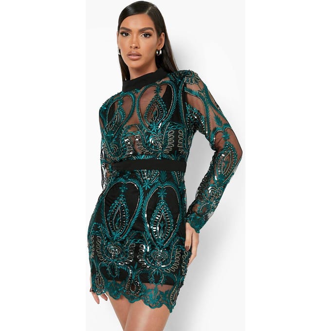 boohoo Dames Sequindamast cupped mini-feestjurk | Groente | Maat: 36
