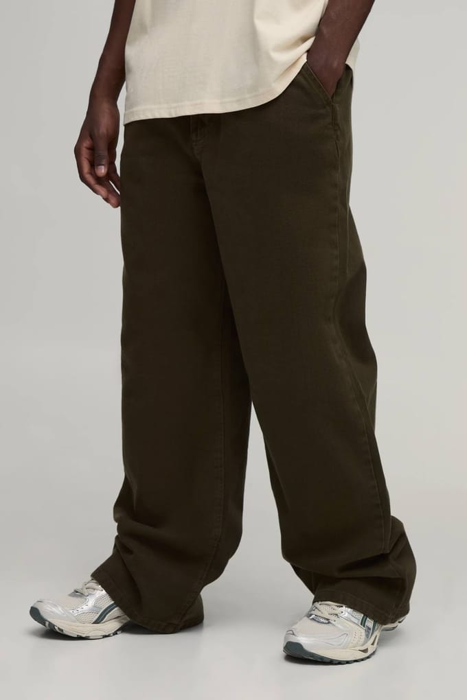 Plus Wide Fit Broek met Half & Half Tailleband van gewassen twill | Khaki | Size Small