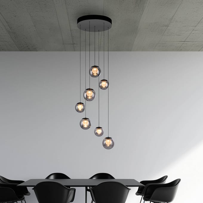 PURE LED hanglamp Popup, grijs/rookgrijs, Ø 40 cm, 7-lamps.
