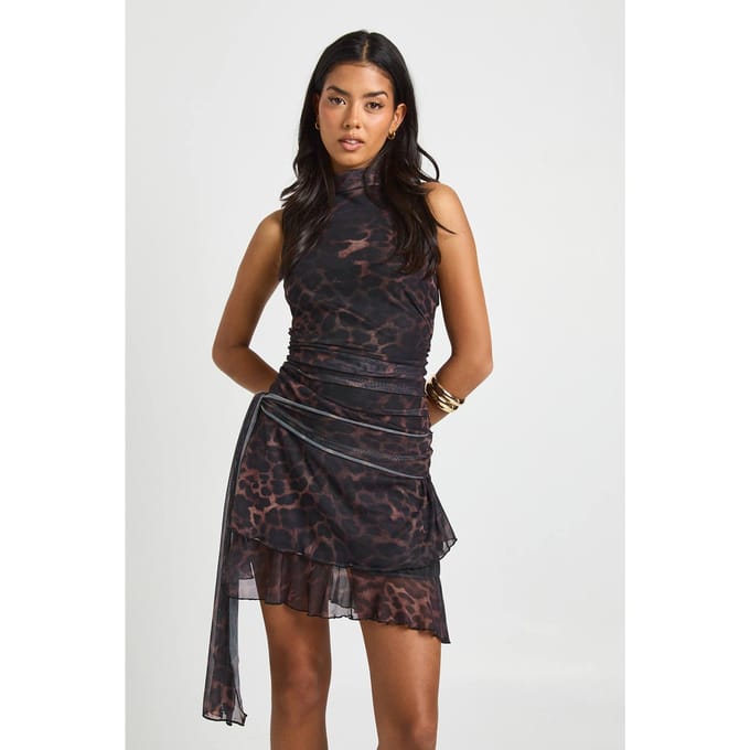 boohoo Dames Luipaard Halterneck Mesh Ruffle Mini Jurk | Black | Maat: 8