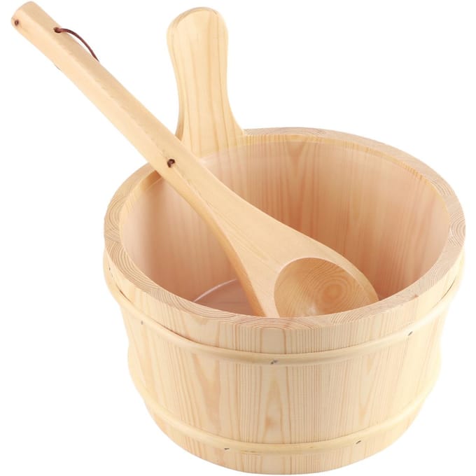 Ensemble Seau en Bois Naturel et Louche pour Sauna SPA Accessoires de Bain beige