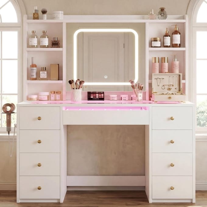 Kaptafel met spiegel - Make-up tafel - Sieraden opbergen - Met LED verlichting - 108 cm breed - Wit