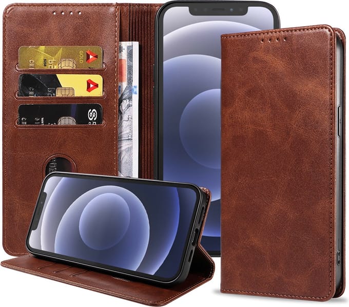 Smartphonica iPhone 12/12 Pro leren hoesje met magnetische sluiting - Donkerbruin geschikt voor iPhone 12;iPhone 12 Pro