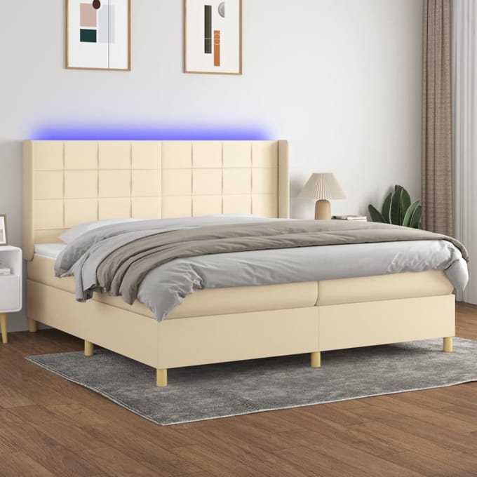 vidaXL - Boxspring - met - matras - en - LED - stof - crèmekleurig - 200x200 - cm