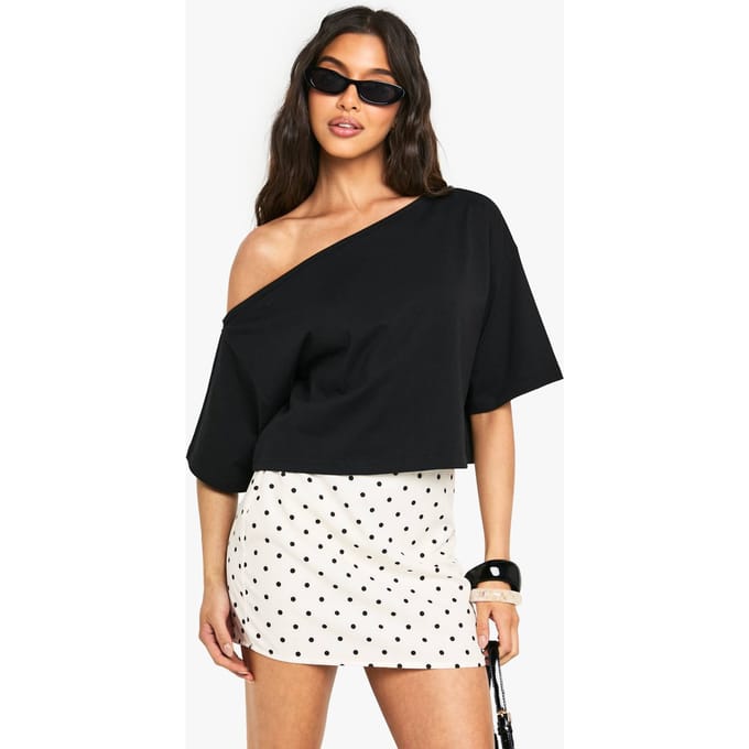 boohoo Dames Off-Shoulder Boxy Crop T-Shirt | Zwart | Maat: 42