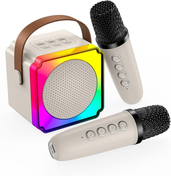 Draagbare Karaokemachine voor Kinderen met 2 Draadloze Microfoons en LED Verlichting