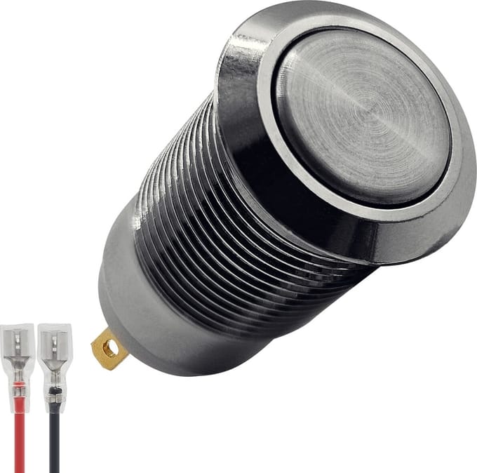 ProRide Metalen Mini Drukschakelaar 12V ON-OFF - 12mm - met Aansluitkabel - 12V/24V - Zilver - Plat