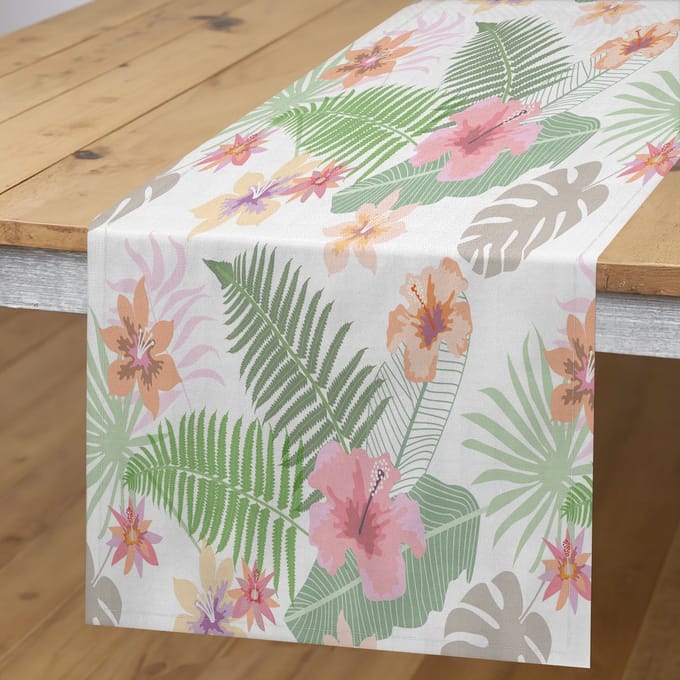 ABAKUHAUS tafelloper – botanisch motief, 40×180 cm, lichtroze