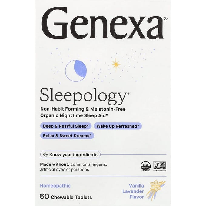Genexa, Sleepology, Biologisch slaapmiddel voor de nacht, Vanille Lavendel, 60 kauwtabletten