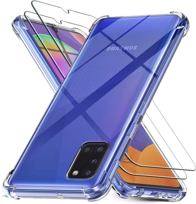 Anti-Shock silicone hoesje met 2 Pack Tempered glas Screen Protector Geschikt voor: Samsung Galaxy A31