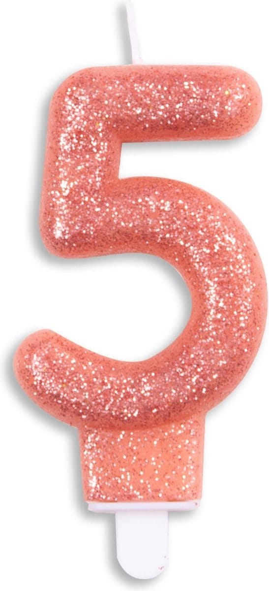 Cijfer kaars glitter rosé goud nr. 5