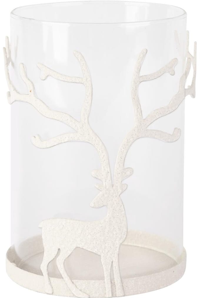 Dekoratief | Theelichthouder m/hert, wit/transparant, metaal/glas, 13x13x20cm | A255096