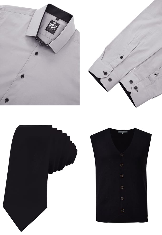Driedelig pak met overhemd, vest en stropdas