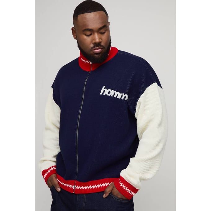 Plus Oversized Zip Up Funnel Neck Homme Knitted Jacket | Navy | Size 2XL