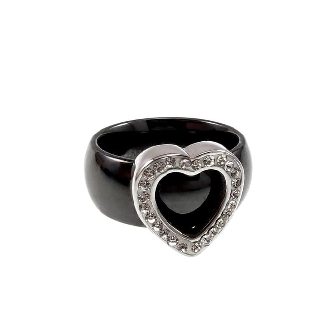 Ring Dames - Gepolijst RVS - Zwart Keramiek Ring met Hart - Brede Ring