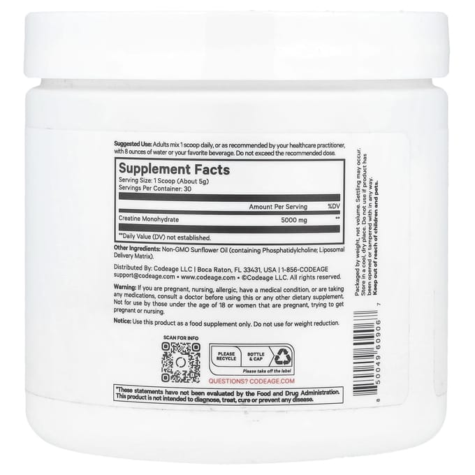 Codeage, Liposomaal, Creatine Monohydraat Poeder, Ongezoet, 5.000 mg, 151 g (151.5 g)