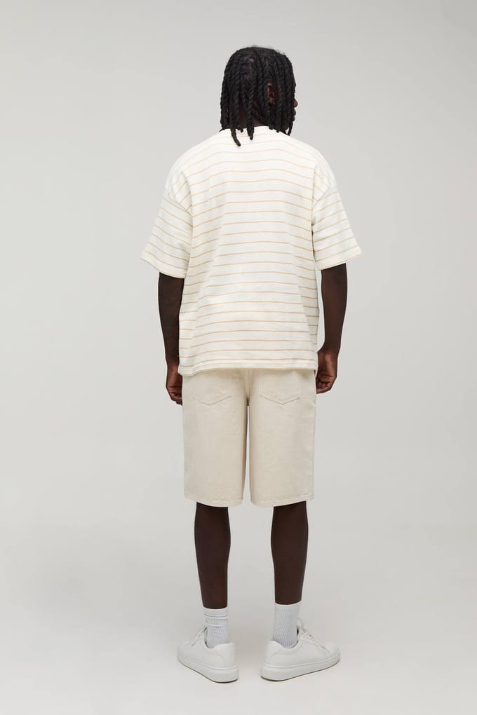 Oversized Striped Short Sleeve Waffle T-Shirt | Ecru | Size Large