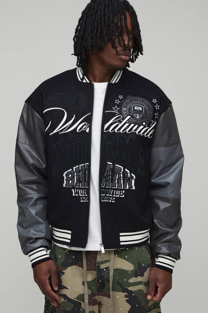 Tall Melton & PU Mixed Fabric Embellished Varsity Jacket | Black | Size Small