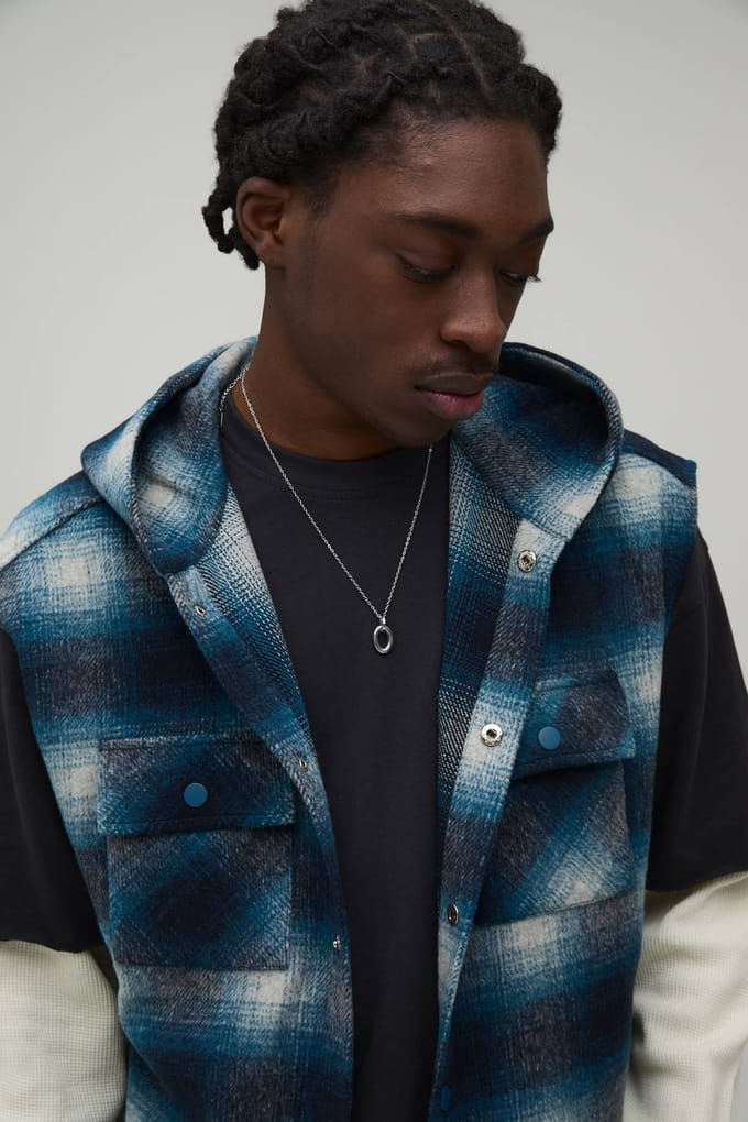 Oversized Brush Check Hooded Sleeveless Overshirt | Blue | Size Small