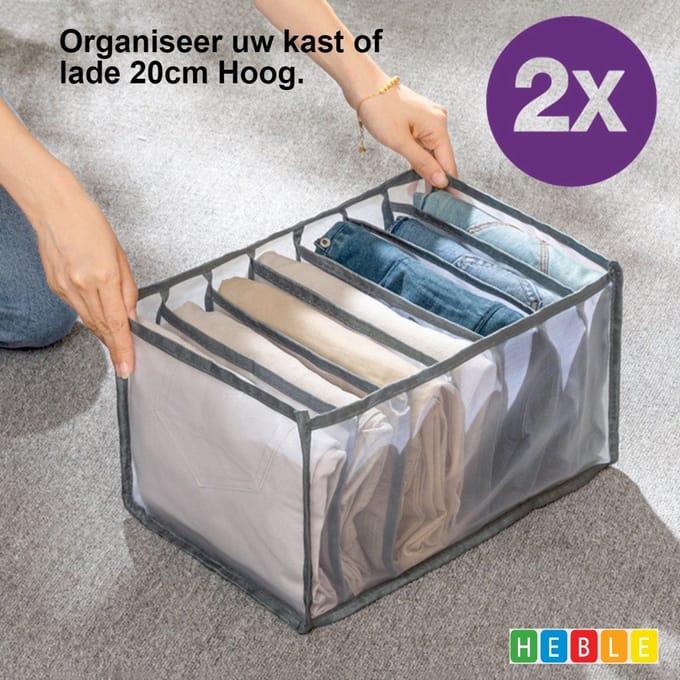 Heble® - "2 STUKS Lade-Organizer voor Jeans en Broeken - 36x25x20 - Grijs - Groot Formaat"