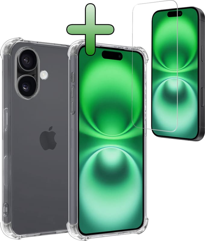 Hoesje Met Screenprotector - Geschikt voor Apple iPhone 16 - Sterk & Shockproof - Siliconen Case - Back Cover - Telefoon Hoes - Shock Proof - Transparant