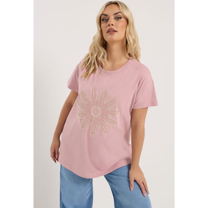 Yours Roze Tshirt Met Kralen En Madeliefjes Size 48