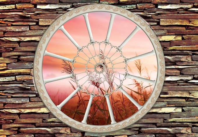 Fotobehang Stone Wall Flowers Field Nature Sunset | PANORAMIC - 250cm x 104cm | 130g/m2 Vlies