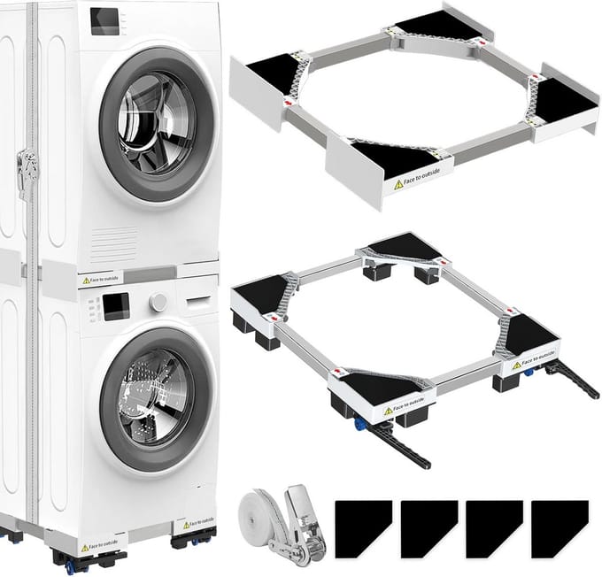 Universeel aansluitframe voor wasdroger en wasmachine met transportwielen en verstelbare remmen