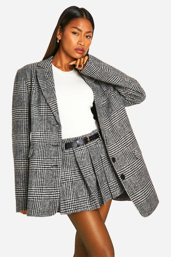 boohoo Dames Premium wollenlook geruite oversized blazer | Black | Maat: 12