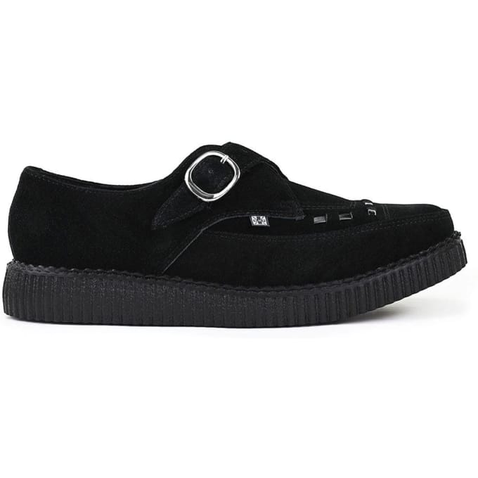 TUK Pointed Creeper Black Suede Monk Buckle Platform Shoes - A8139
